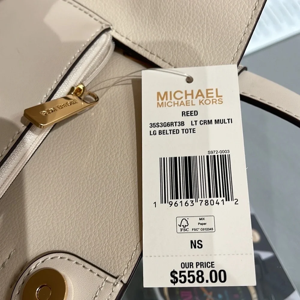 MICHAEL KORS Reed Large Logo Shoulder Tote Bag Light Cream Multi 35S3G6RT3B NWT